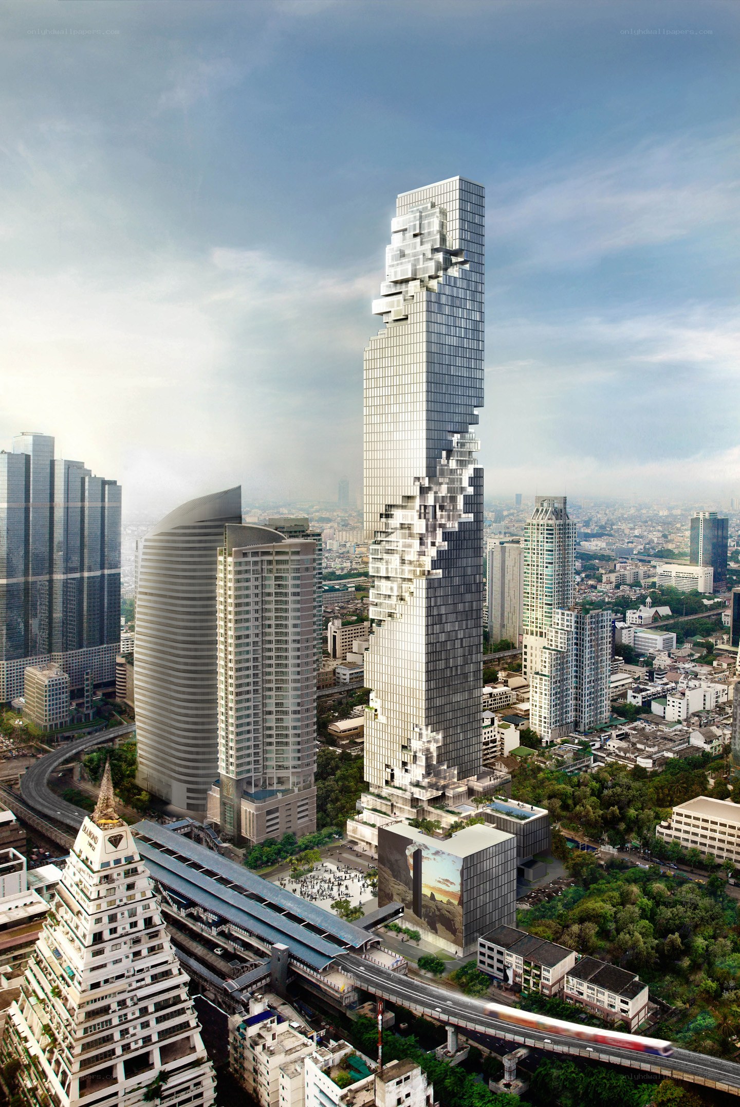 Futuristic skyscraper in city