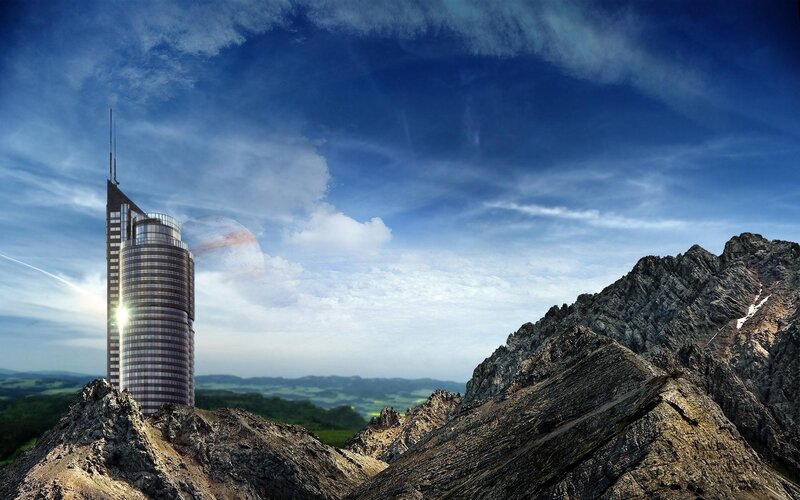 Futuristic skyscraper on mountain