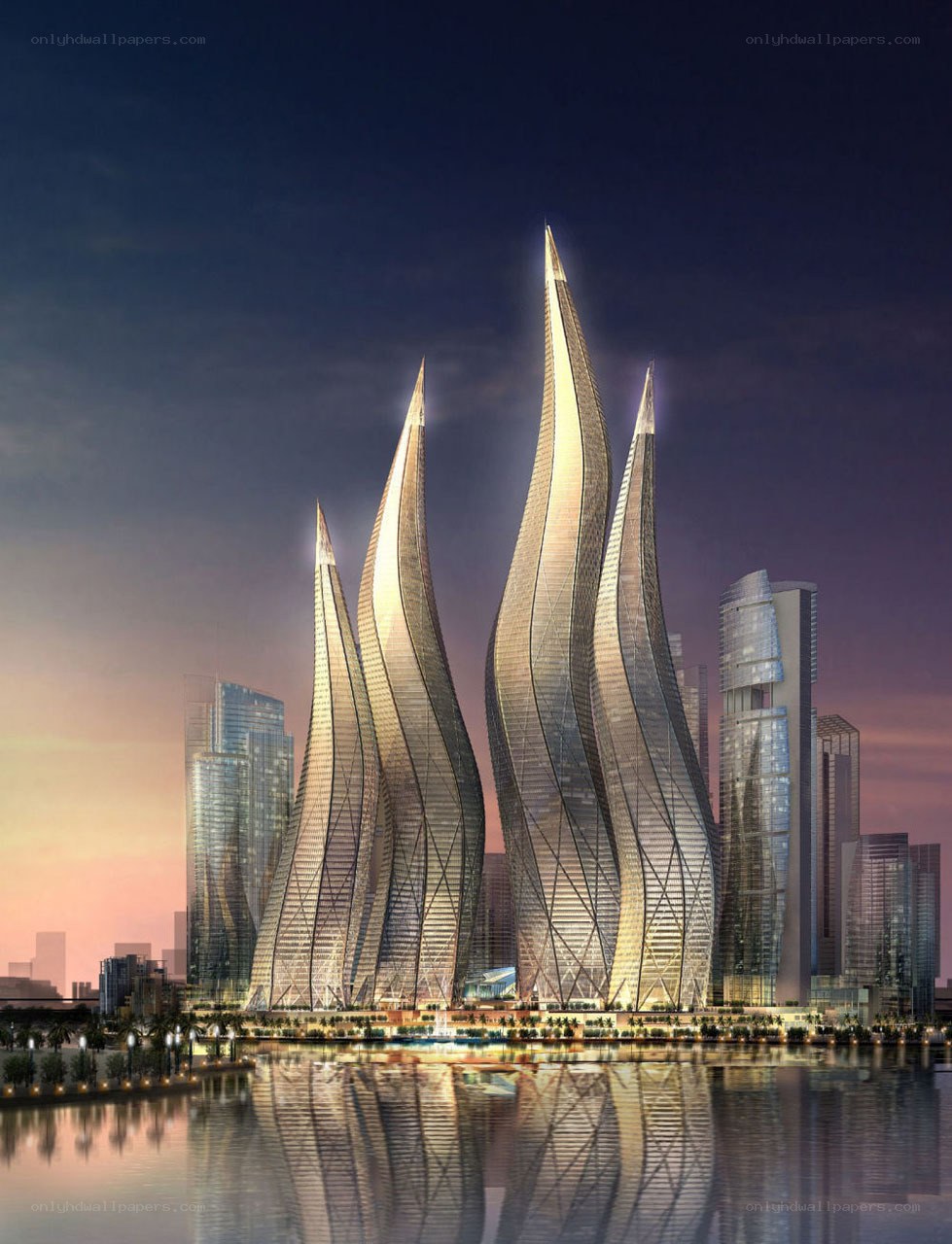 Futuristic skyscrapers at dusk