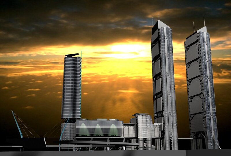 futuristic skyscrapers at sunset