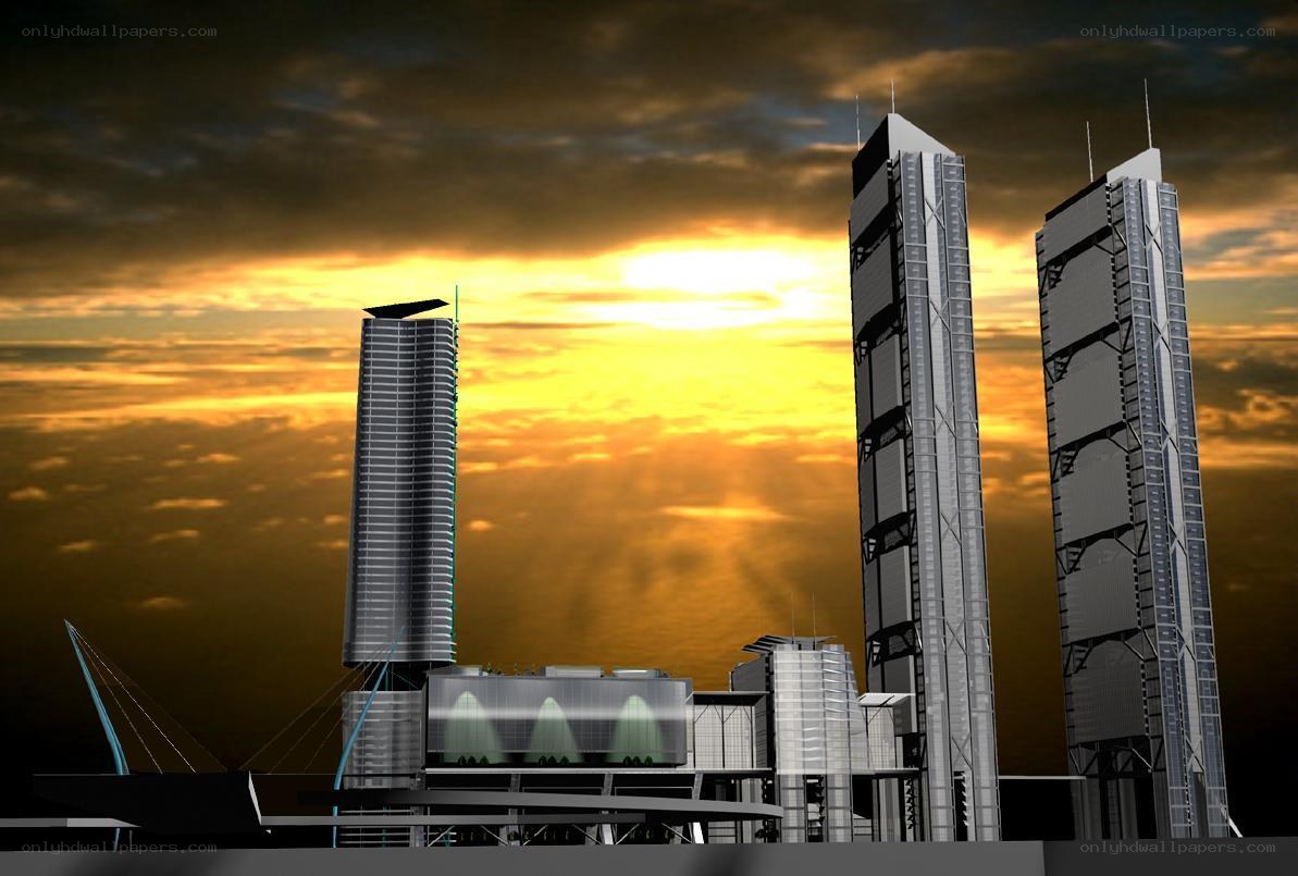 futuristic skyscrapers at sunset