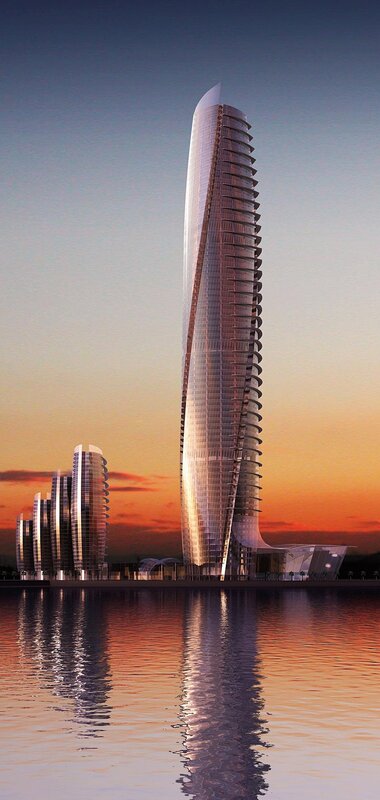Futuristic skyscrapers at sunset