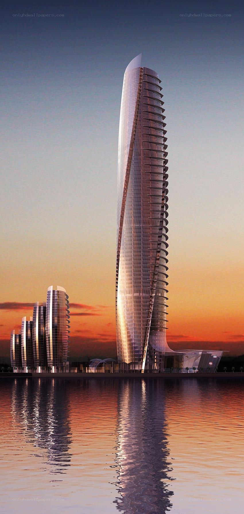 Futuristic skyscrapers at sunset