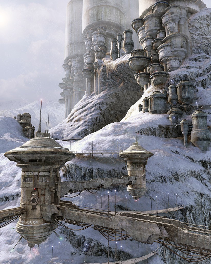 futuristic snow-covered fortress