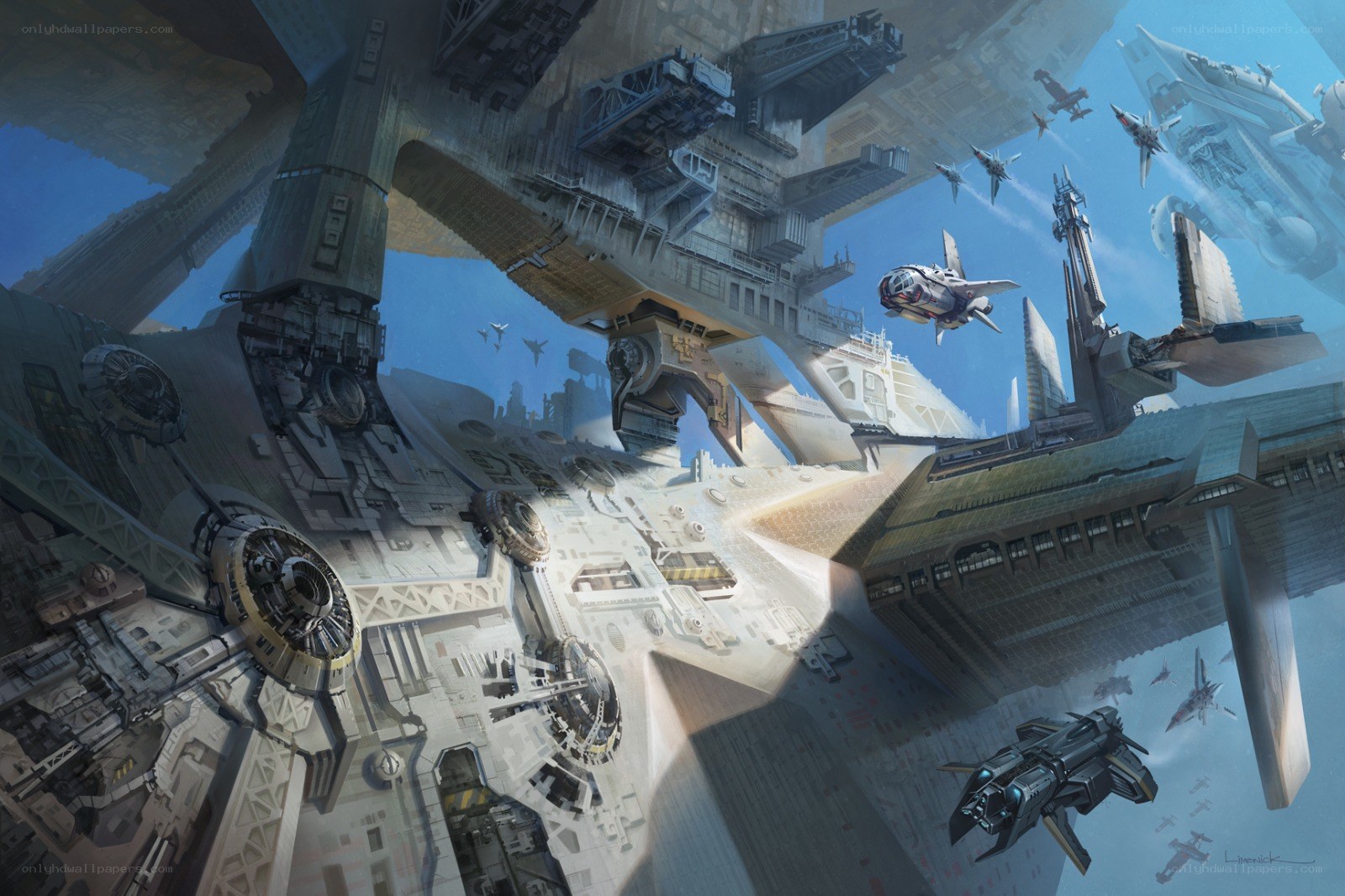 Futuristic space station and ships