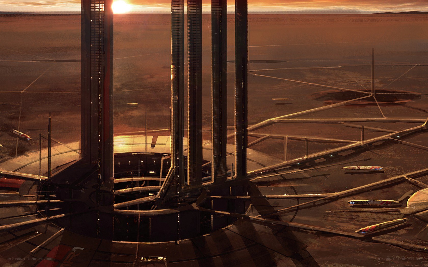 futuristic space station at sunset