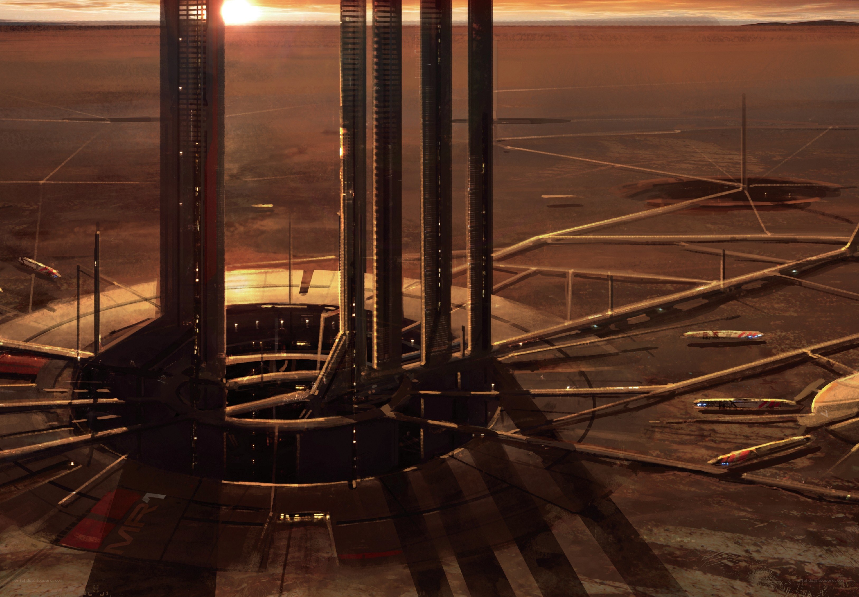 futuristic space station at sunset