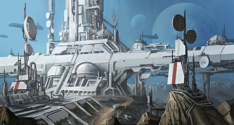 Futuristic Space Station — Blue, Dramatic, Digital Art, Satellite Dishes, Planets