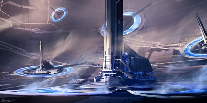 Futuristic Space Station — Blue, Dramatic, Digital Art, Ships, Platforms, Towers