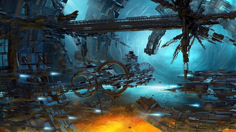 Futuristic Space Station — Blue, Dramatic, Digital Art, Space Debris