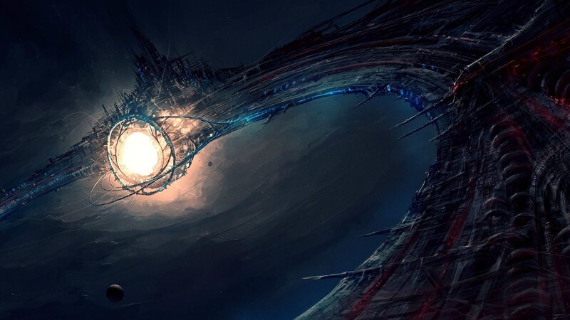 Futuristic Space Station — Blue, Dramatic, Night, Digital Art, Planet, Space Debris