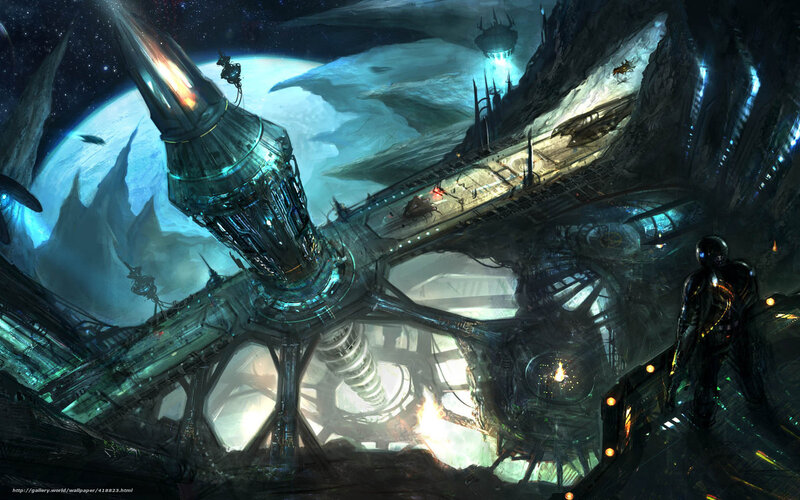 Futuristic Space Station — Blue, Dramatic, Night, Digital Art, Rocket