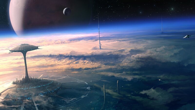 Futuristic Space Station — Blue, Dramatic, Sunset, Digital Art, Planet, Moon