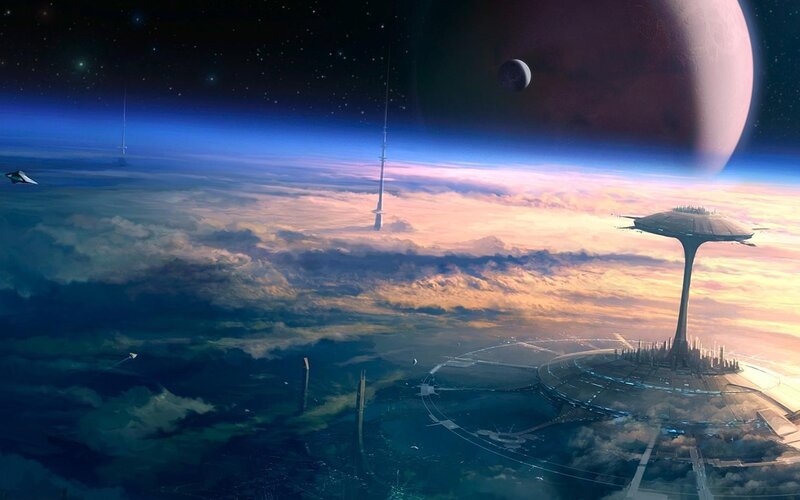 Futuristic Space Station — Blue, Dramatic, Sunset, Digital Art, Planet