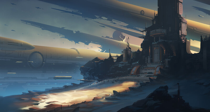 Futuristic Space Station — Blue, Dramatic, Sunset, Digital Art, Spaceships