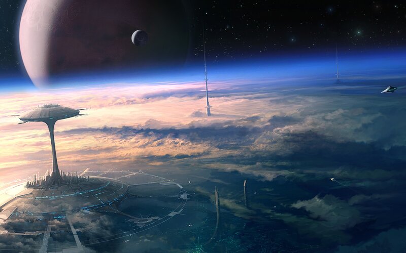 Futuristic Space Station — Blue, Dramatic, Sunset, Digital Art