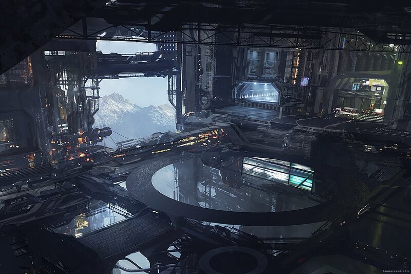 Futuristic Space Station — Gray, Dramatic, Digital Art, Mountains