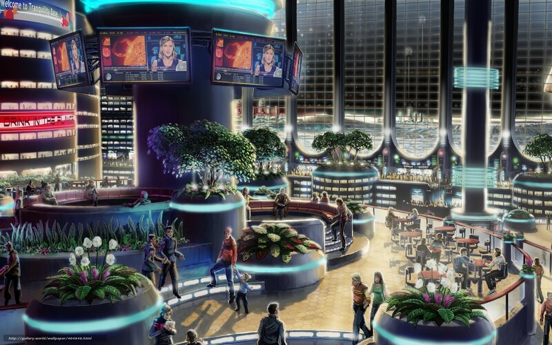 Futuristic space station lounge