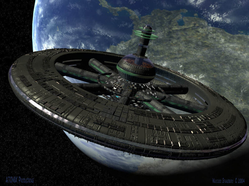 Futuristic space station orbiting Earth