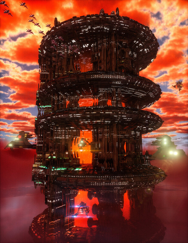 Futuristic Space Station — Red, Dramatic, Sunset