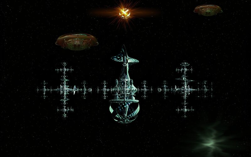Futuristic space station with alien ships