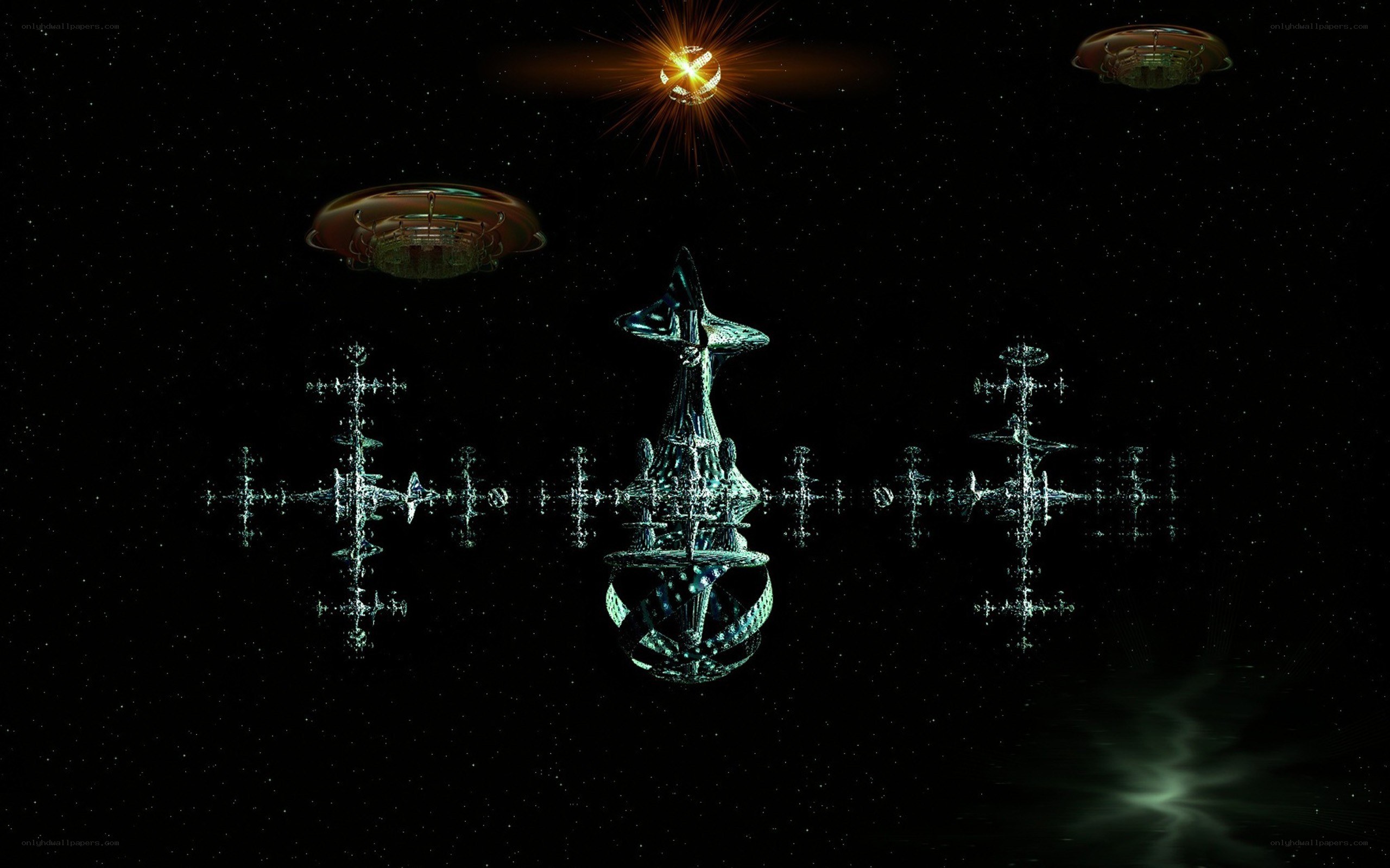 Futuristic space station with alien ships