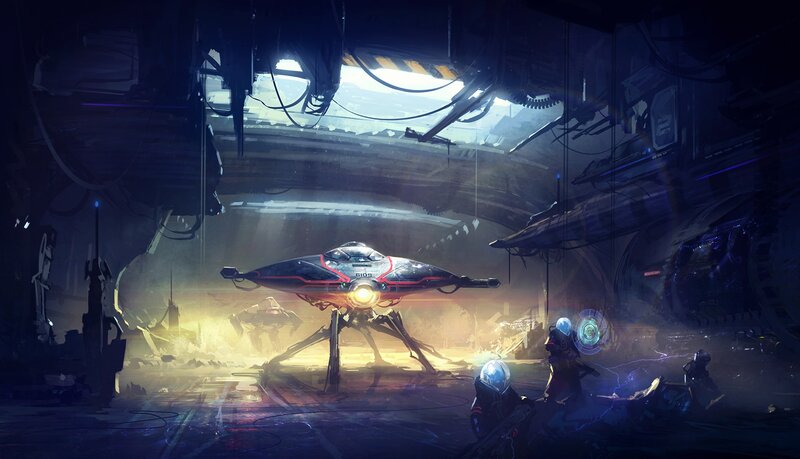 Futuristic Spacecraft — Black, Dramatic, Digital Art, Sci-fi Hangar