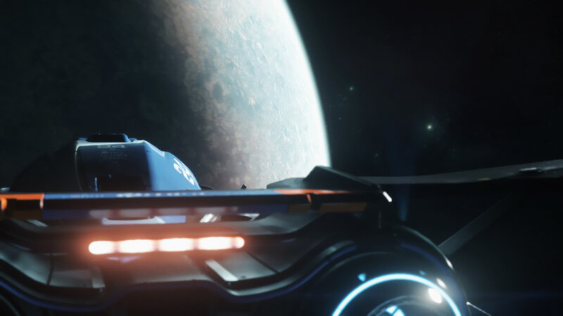Futuristic Spacecraft — Black, Dramatic, Night, 3d Render, Planet, Stars