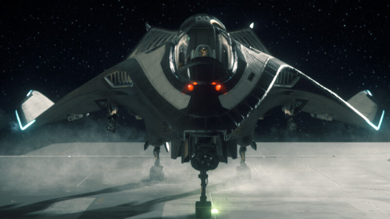 Futuristic Spacecraft — Black, Dramatic, Night, 3d Render, Starfield