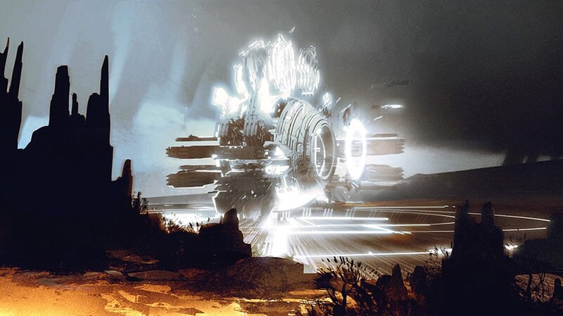 Futuristic Spacecraft — Black, Dramatic, Night, Digital Art, Rock Formations