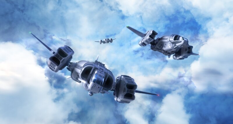 Futuristic Spacecraft — Blue, Dramatic, 3d Render, Clouds