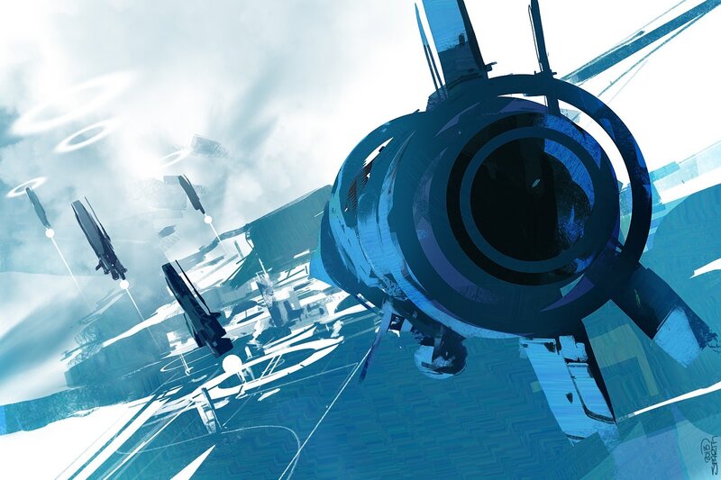 Futuristic Spacecraft — Blue, Dramatic, Digital Art, Clouds, City