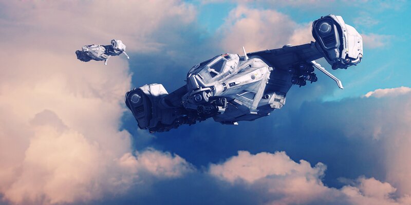 Futuristic Spacecraft — Blue, Dramatic, Digital Art, Clouds