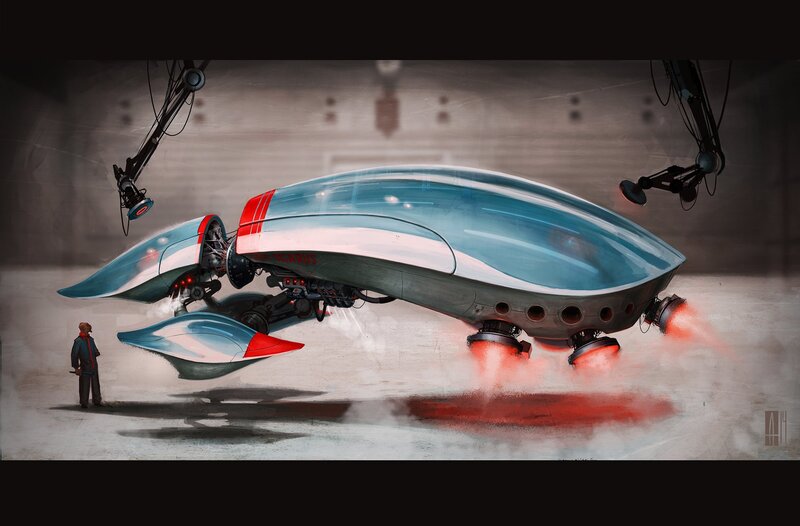 Futuristic Spacecraft — Blue, Dramatic, Digital Art, Person