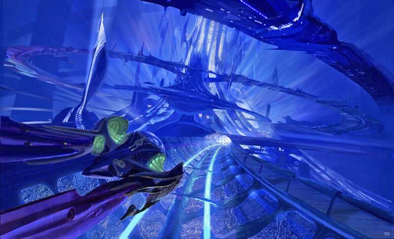 Futuristic Spacecraft — Blue, Dramatic, Digital Art, Tunnel, Blue Light
