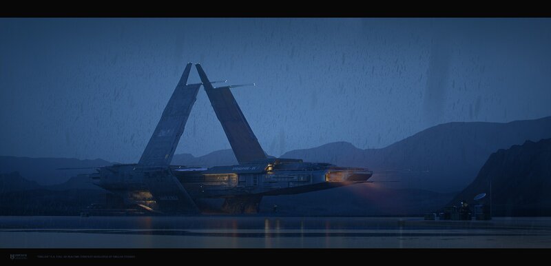 Futuristic Spacecraft — Blue, Dramatic, Night, Digital Art, Mountains
