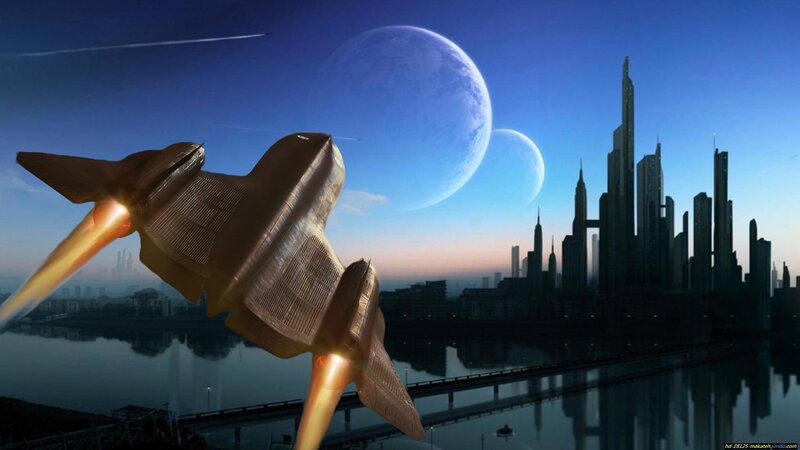 Futuristic Spacecraft — Blue, Dramatic, Sunset, Digital Art, City Skyline