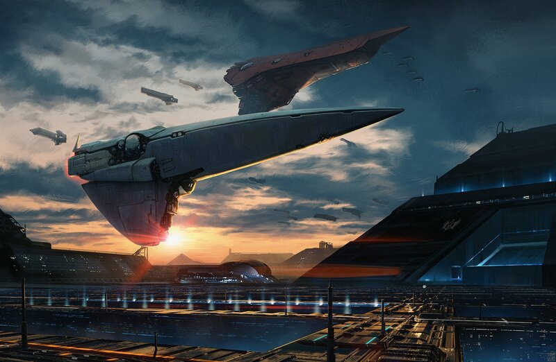 Futuristic Spacecraft — Blue, Dramatic, Sunset, Digital Art, City