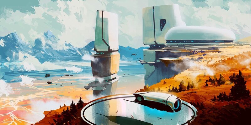 Futuristic Spacecraft — Blue, Dramatic, Sunset, Digital Art, Mountains