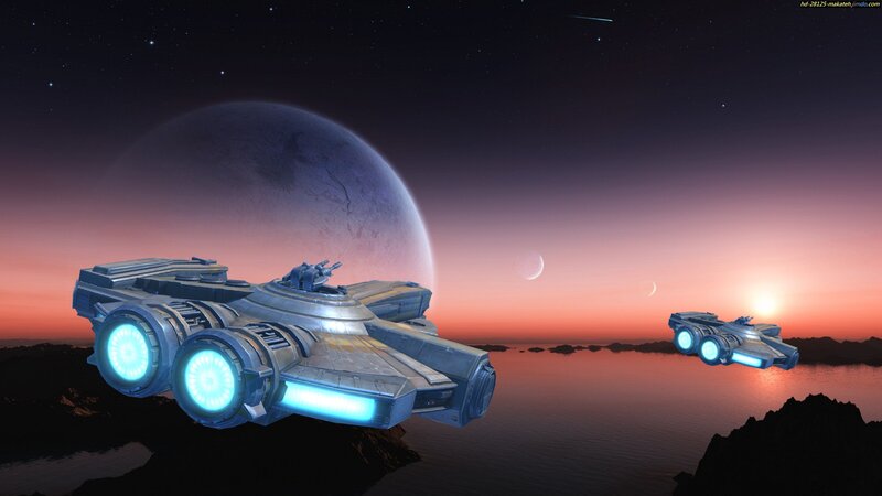 Futuristic Spacecraft — Blue, Dramatic, Sunset, Digital Art