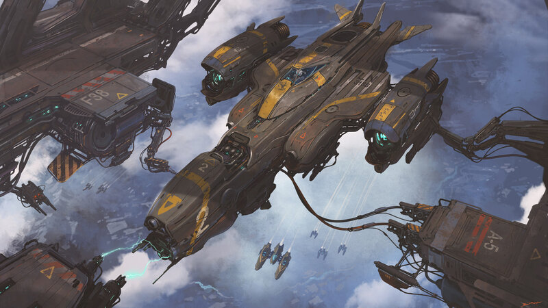 Futuristic Spacecraft — Gray, Dramatic, Digital Art, Clouds