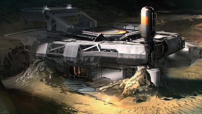 Futuristic Spacecraft — Gray, Dramatic, Digital Art, Desert
