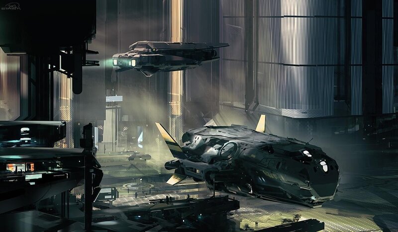 Futuristic Spacecraft — Gray, Dramatic, Digital Art, Hangar, Hologram