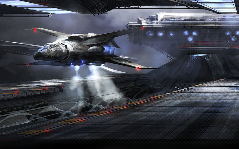 Futuristic Spacecraft — Gray, Dramatic, Night, Digital Art, Hangar