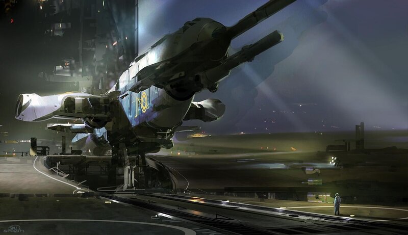 Futuristic Spacecraft — Gray, Dramatic, Night, Digital Art, Person, Hangar
