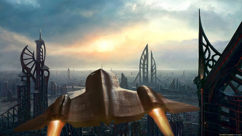 Futuristic Spacecraft — Gray, Dramatic, Sunset, Digital Art, Cityscape, Jet Engines