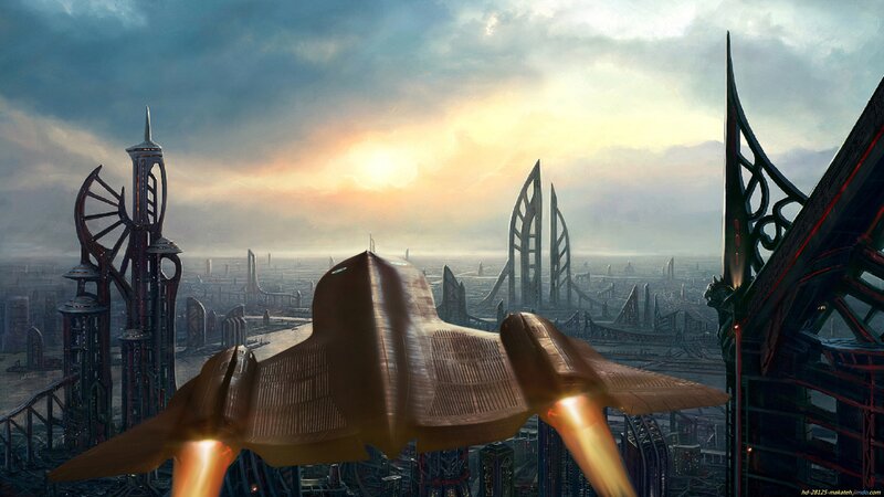 Futuristic Spacecraft — Gray, Dramatic, Sunset, Digital Art
