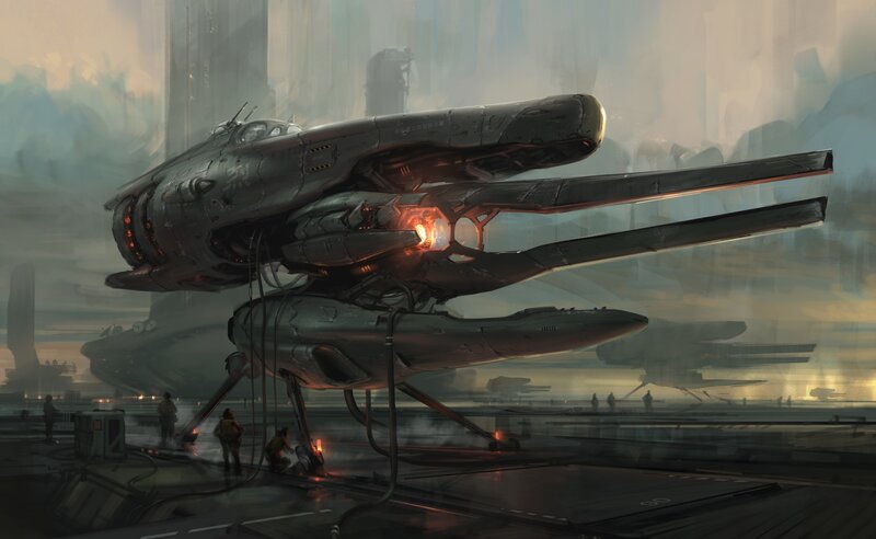 Futuristic Spacecraft — Gray, Dramatic, Sunset, Digital Art, Workers