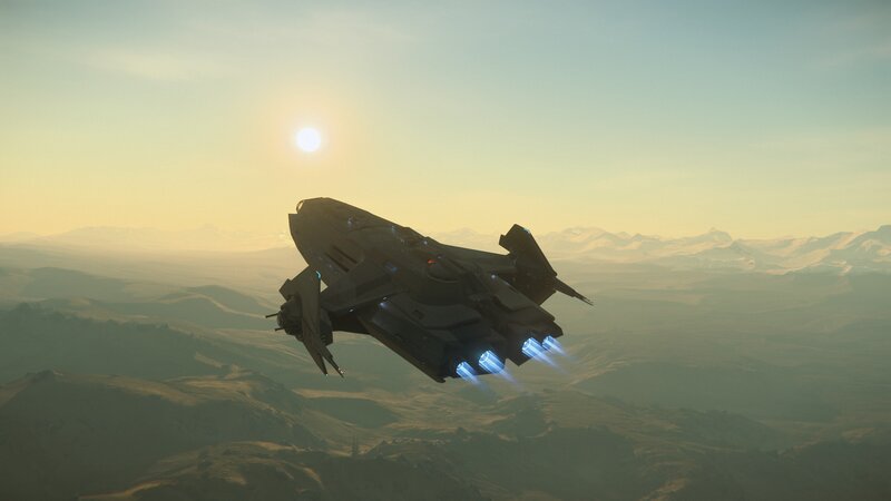 Futuristic Spacecraft — Gray, Serene, Sunset, 3d Render, Sun