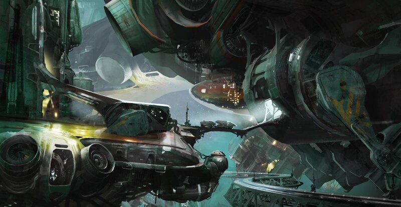 Futuristic Spacecraft — Green, Dramatic, Digital Art, Shipyard
